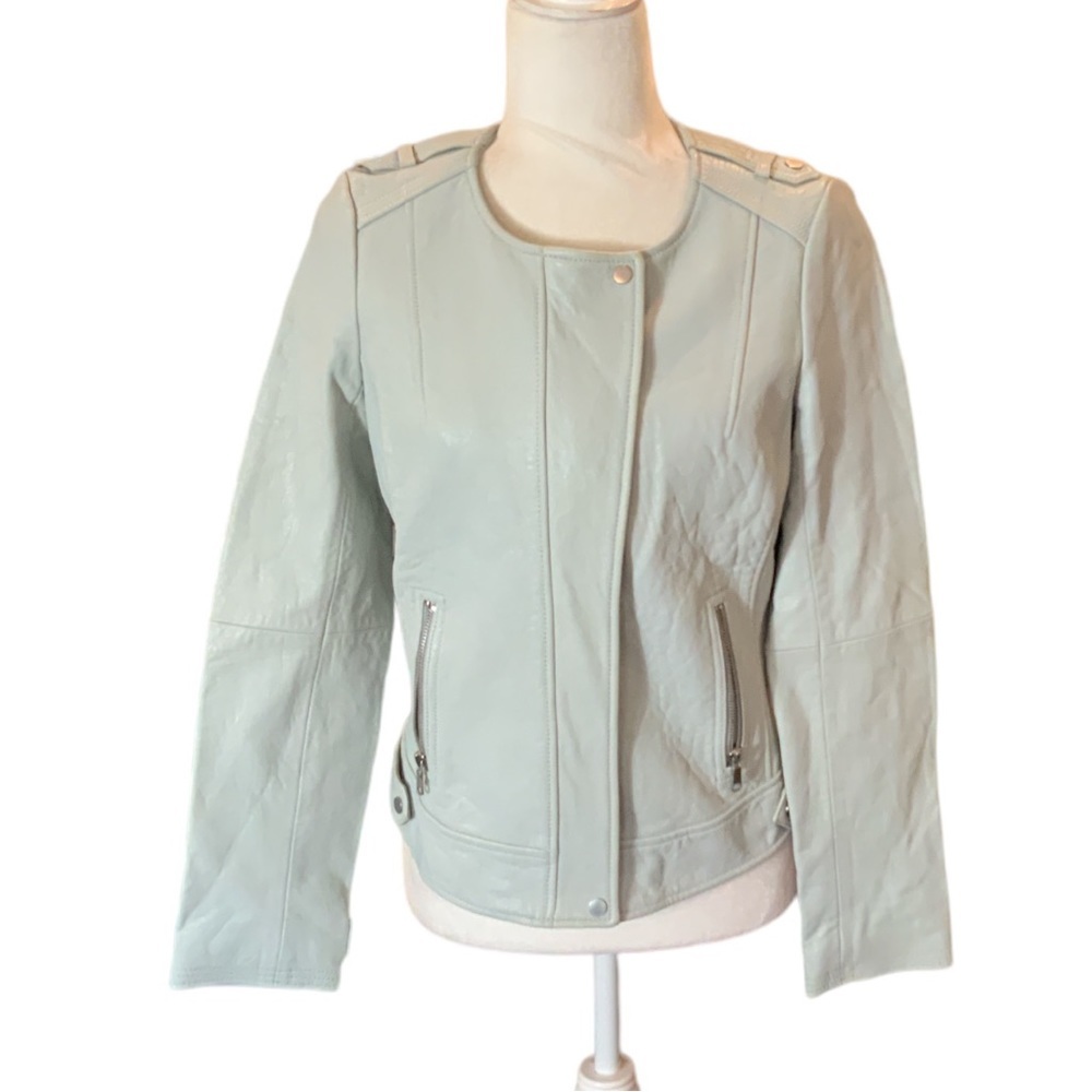 Joie 100% Lamb leather and silk lining Mikita light mint zipper moto jacket Sz M